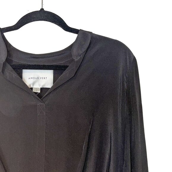 Amour Vert 100% Silk Black Long Sleeve V-Neck Blouse - Size S - Picture 1 of 5